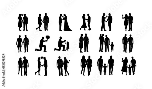Couple Love and Family Silhouette Vector Set with Romantic Relationship and Parenting Poses