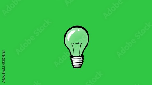 Animated glowing light bulb blinking on green screen background for creative idea