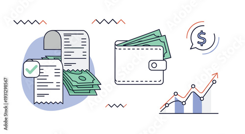 Personal finance management and expense tracking concept showing wallet with money receipts and financial growth graph.