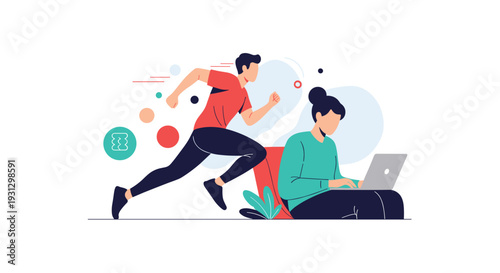 Dynamic workplace and professional career progress concept showing active man running and focused woman at her computer.
