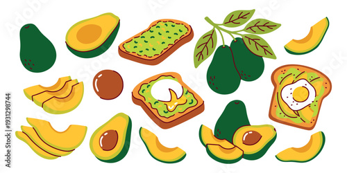 Large collection of fresh avocado elements featuring whole fruits on branches sliced halves and healthy breakfast toasts with fried eggs for organic cafe menu or recipe design.