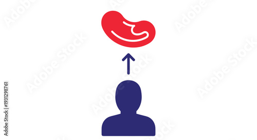 Dark blue human silhouette pointing an arrow upwards toward a red kidney icon representing health awareness and organ donation.