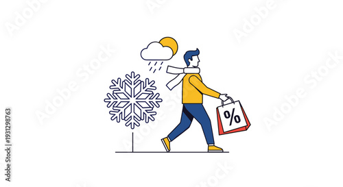 Man walking with a shopping bag containing a discount sign next to seasonal icons for winter weather, rain, and sunny conditions.