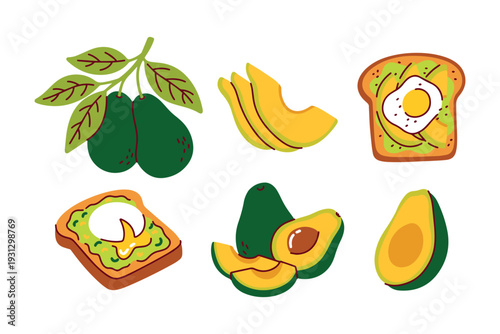 Organic food collection featuring two healthy avocado toasts with fried eggs and sliced green fruit pieces for nutritious breakfast recipes and brunch restaurant menus