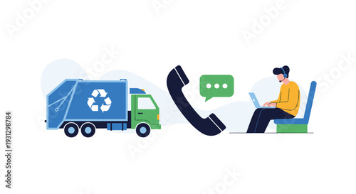 Recycling truck next to a phone handset, message bubble, and office worker on a laptop representing customer service for waste management.