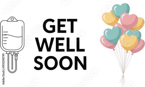 Elegant Get Well Soon Greeting Template with IV and Hearts Vector
