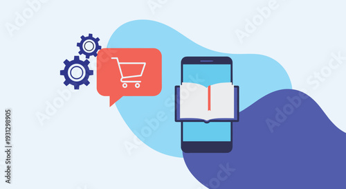 Pair of gear wheels next to a shopping cart message bubble and a smartphone with an open book icon for online education commerce.