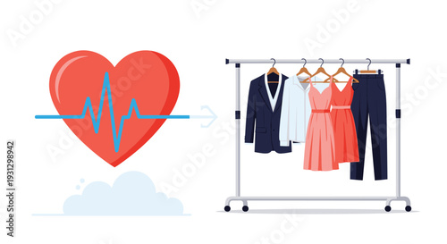 Large red heart with an electrocardiogram pulse line pointing toward a clothing rack with various professional and casual outfits.