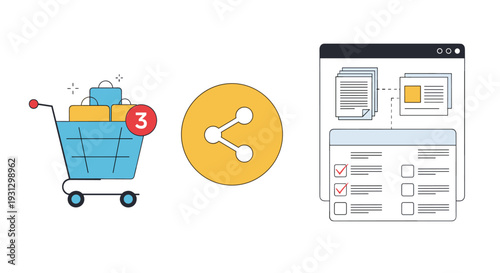 Shopping cart with three items next to a yellow share icon and a browser window showing a checklist for collaborative online shopping.