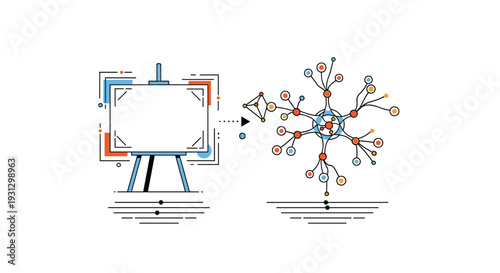 Blank whiteboard on a wooden easel pointing toward a complex networked diagram with colorful nodes for strategic project planning.