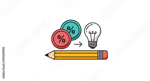 Red and blue percentage coins pointing toward a glowing light bulb above a pencil for creative financial planning and tax saving ideas.