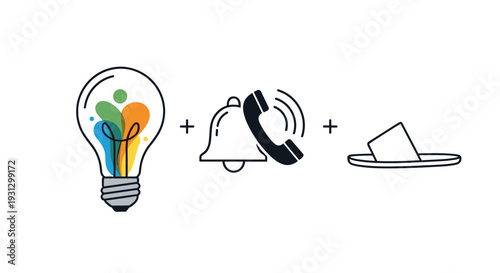 Light bulb with a colorful human figure next to a bell and telephone icon plus a ballot box for innovative community communication.
