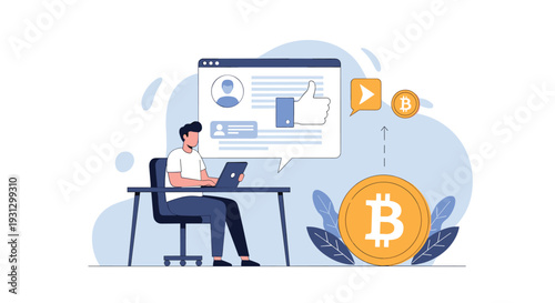 Man at a desk with a laptop next to a speech bubble with a like icon and bitcoin symbols for social media crypto investment trends.