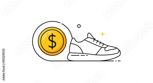 Large gold dollar coin inside a circle next to a white sneaker shoe for representing footwear pricing and sports apparel retail value.