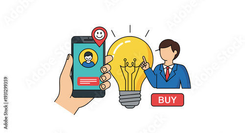 Hand holding a phone with a user profile next to a large light bulb and a businessman for innovative user experience in e-commerce.