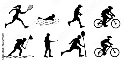 A collection of black silhouettes depicting various sports and activities
