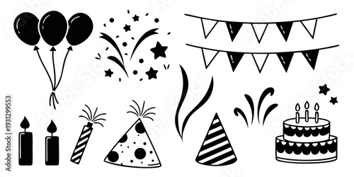 A vibrant collection of party decorations and celebration items in black and white