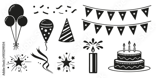 A variety of party decorations including balloons, streamers, and a cake