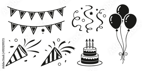 A festive scene with party decorations and a birthday cake