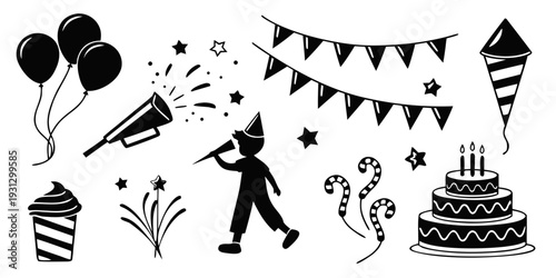 Illustration of various party items and decorations for a festive celebration