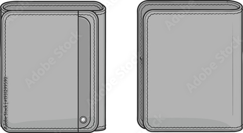 Leather bifold wallet front and back view vector illustration, minimalist men purse outline design, stitched cash holder template