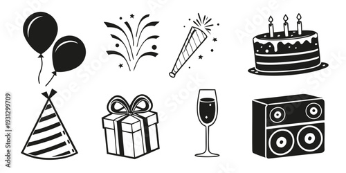 Celebratory icons including cake, gifts, and champagne for a festive occasion