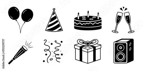 Celebratory items including balloons, hats, cake, and gifts