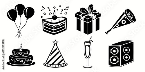 Celebratory items including balloons, cakes, and party favors