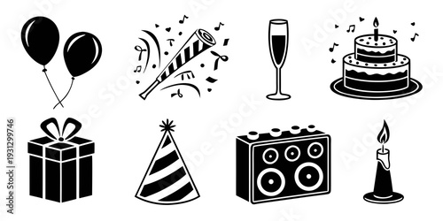 Assorted black and white illustrations of party items and decorations