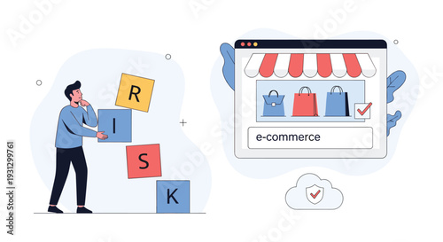 Assessing business risks in e-commerce showing a professional stacking blocks next to a retail website interface design.