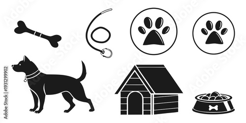 A variety of dog-related icons and images including a dog, bone, house, and bowl.