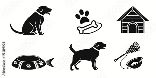 A collection of black and white icons representing various pets and their accessories
