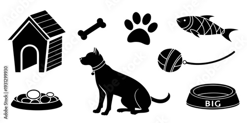 A variety of dog-related items including a dog house, food, toys, and a dog.