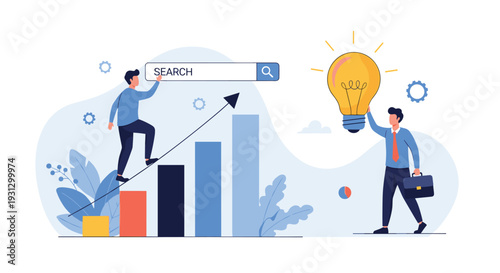 Business innovation and digital marketing strategy concept showing data analysis and creative search engine optimization.