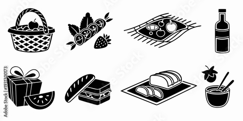 Assorted food items including a picnic basket, sandwiches, and a bottle of wine