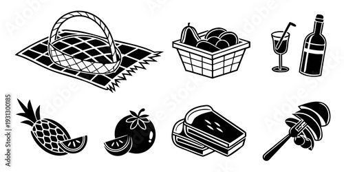 Assorted picnic items including fruits, beverages, and utensils