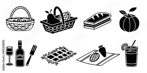 Assorted food items and cooking utensils displayed in a grid format.