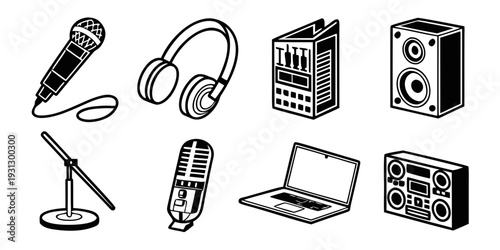 A collection of audio equipment including microphones, headphones, and speakers