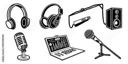 Various audio and recording equipment arranged on a desk for podcasting or music production.