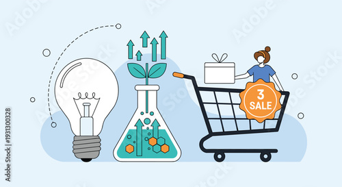 Creative retail innovation and sustainable business growth concept showing idea generation and eco friendly shopping rewards.