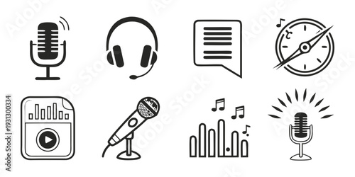 A collection of icons representing various audio and podcast related elements