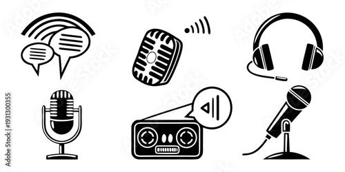 Collection of audio equipment icons including microphones, headphones, and speakers