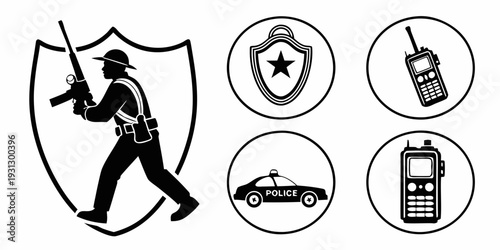 Illustration of security and emergency services with various icons