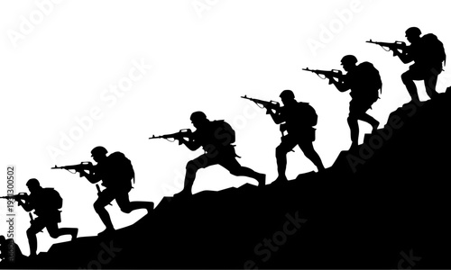 Black Silhouette of Armed Soldiers Advancing Up a Hill in Attack Formation – Military, War, and Combat Assault Concept Illustration
