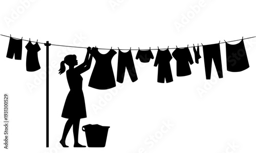 Black Silhouette of a Woman Hanging Clothes on a Washing Line with Laundry Basket – Housework, Chores, and Domestic Life Concept Illustration