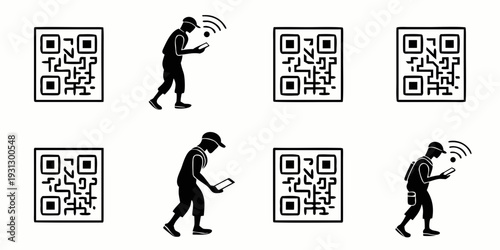 Person scanning qr codes on a wall with a mobile device in various positions