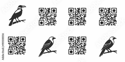 Black and white bird illustrations with qr codes in a grid pattern