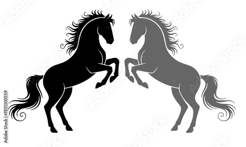 Black Silhouette and Outline of Two Rearing Horses with Flowing Mane and Tail – Wild, Elegant Stallion Animal Concept Vector Illustration