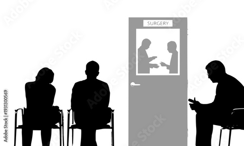 Silhouette of Patients Waiting in Hospital Chairs Outside Surgery Room Door – Medical, Healthcare, and Clinic Waiting Area Concept Illustration