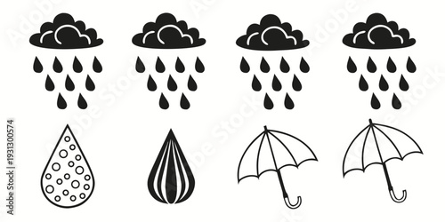 Four different types of rain and raindrops with two umbrellas